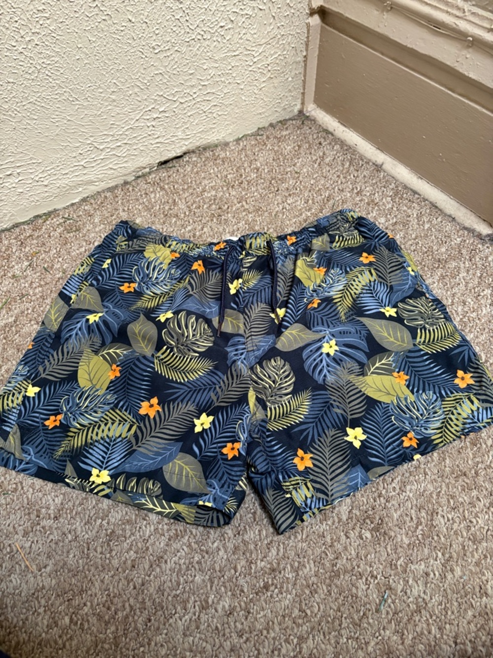Brave Soul Navy Tropical Leaf Print Swim Trunks with Yellow & Orange Accents